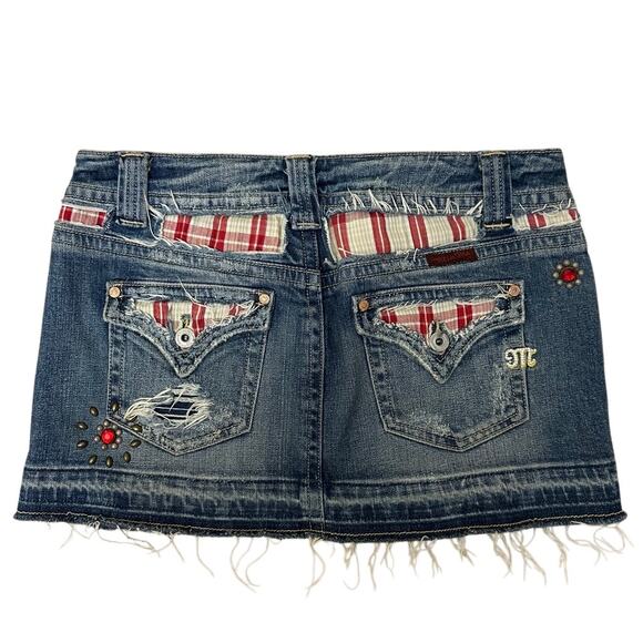 Missme Rare Y2K Denim Plaid Studded Gem Micro Mini Skirt Size Medium‎ Low Rise - Picture 11 of 12